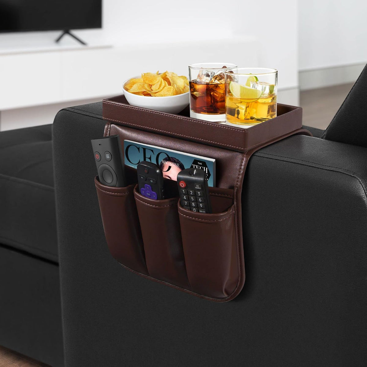 Armchair Caddy, Recliner Accessories, Armrest Organizer, Brown
