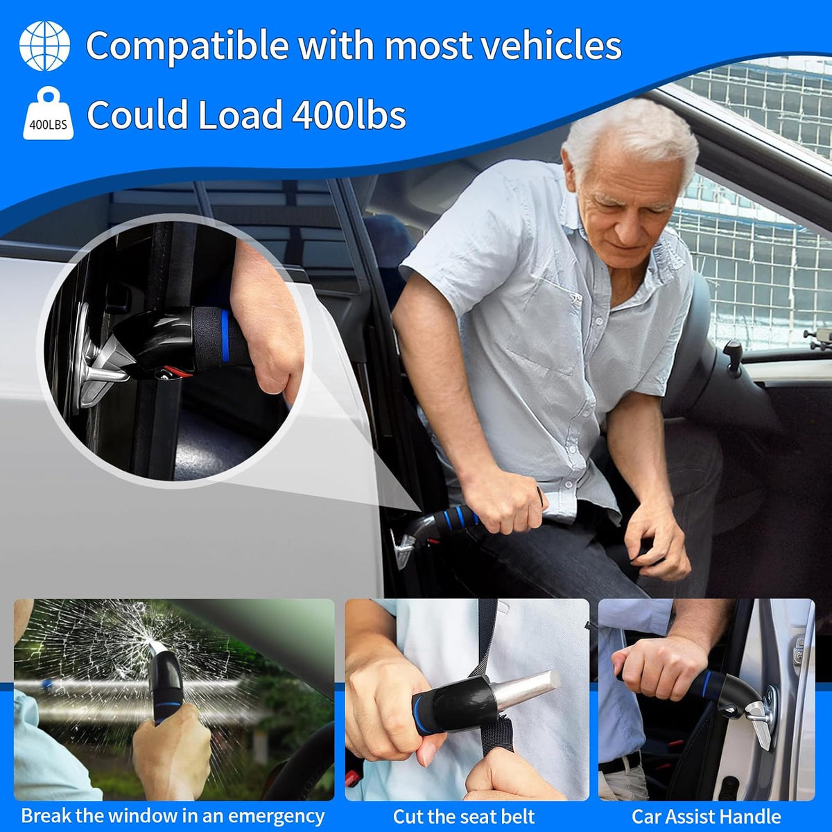 KOUNATSURI Car Handle Assist for Elderly Car Door Handle Multifunction Handle Car Door Latch Handle for Seniors and Handicapped(Blue)