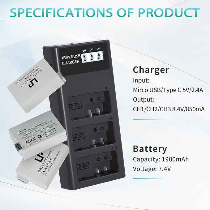 LP-E8 Battery Charger Set, LP 3 Pack LPE8 Replacement Battery & Triple Slot