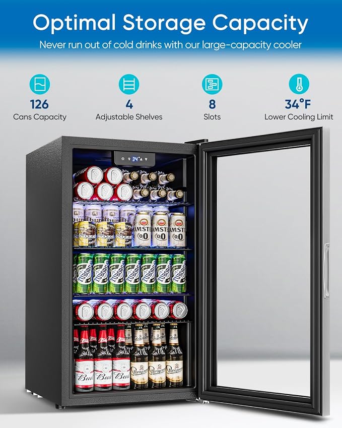 Feelfunn 3.2 Cu.Ft Mini Fridge with Glass Door - 126 Can Beverage Refrigerator Cooler for Drink Beer Wine Soda, Small Refrigerator for Bedroom Office Bar Dorm, 4 Adjustable Shelves, Silver