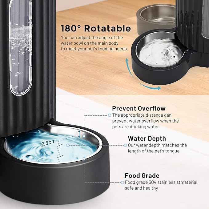 Gravity Cat Feeder and Water Dispenser with 304 Stainless Steel Bowls, 2 in 1 Automatic Cat Feeder with 180 Degree Rotatable Water Bowl, Large Capacity for Puppy Kitten Rabbits, Blue