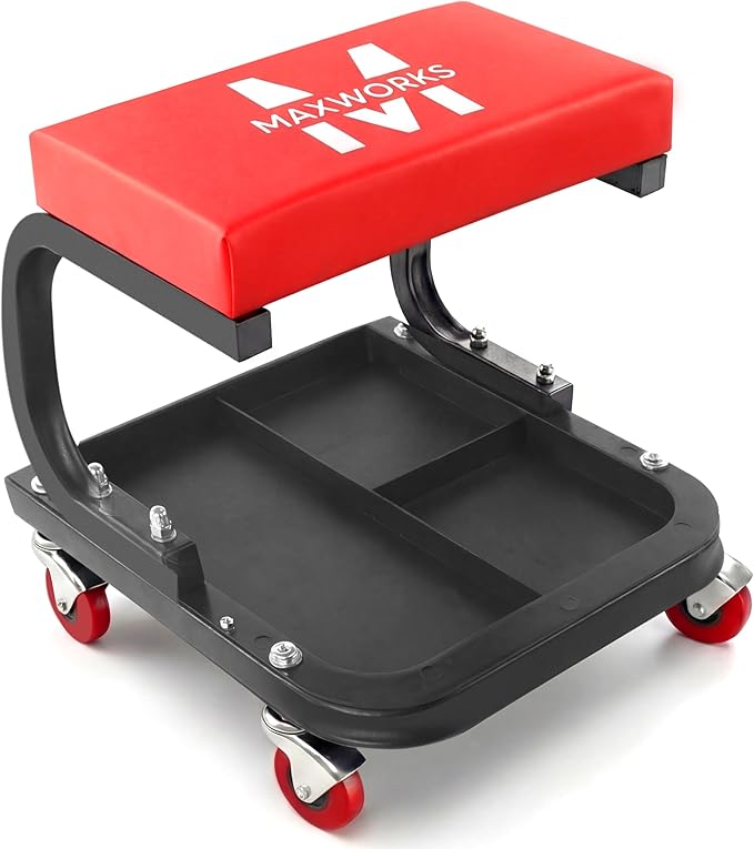 MaxWorks Mechanics Roller Seat - Heavy Duty 250 lb Capacity Rolling Creeper Stool with Padded Seat & 3-Section Tool Tray for Garage & Auto Repair (50875)