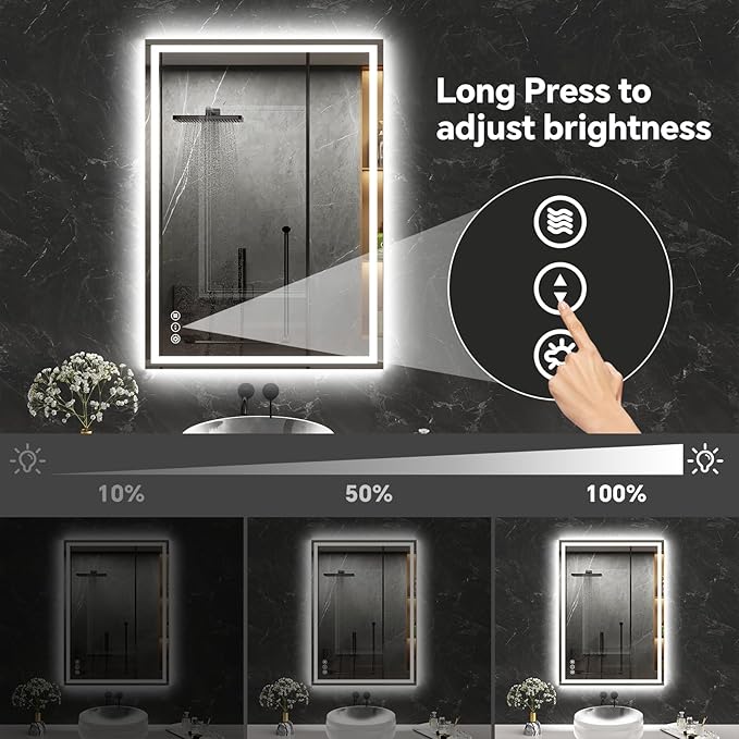 LED Bathroom Mirror 30x40 Inch Anti-Fog Bathroom Mirror with Lights, Wall Mounted Lighted Vanity Mirrors, Dimmable, Backlit + Front Lit, Smart Bathroom Vanity Mirror with 3 Colors Temperature