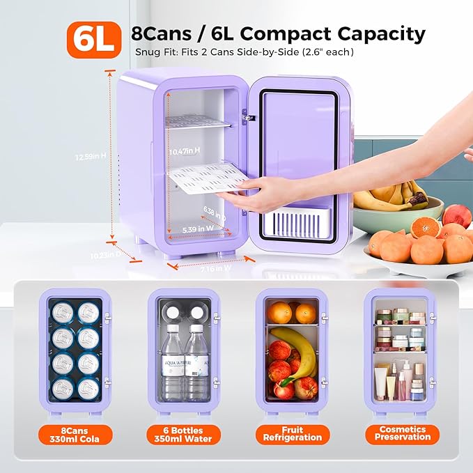 OSTBA Mini Fridge for Skincare, 6 Liter/8 Can 110V AC/DC Portable Thermoelectric Cooler Refrigerators for Bedroom, Skincare, Beverage, Office, Dorm Room and Car, Purple