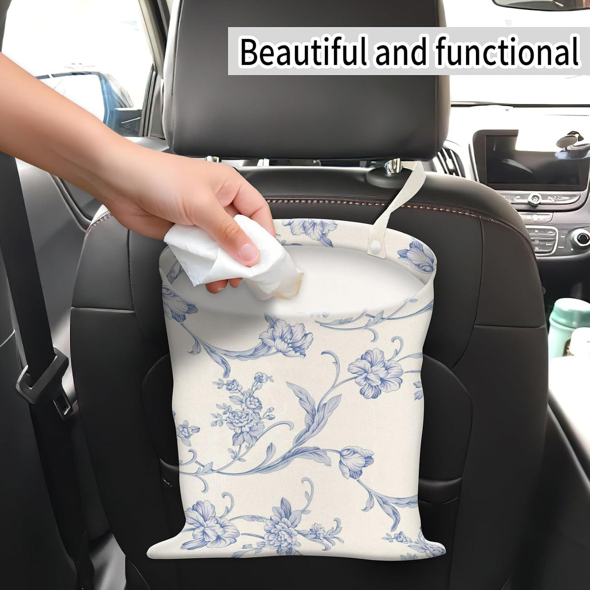 Car Trash Can, Hanging Garbage Bin for Men and Women, Cute Car Organizer and Storage Bag, Canvas Vehicle Trash Can Bag Easy-to-Install Cute Blue Floral