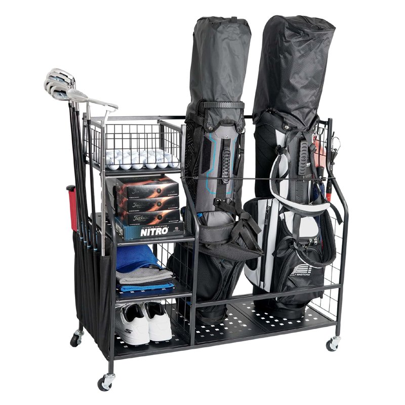 STUFFSTASH Golf Bag Organizer; Bags, Shoe and Accessories Storage for Garage; Mens Cart Stand Caddy Organizers; Fits 2 Golf Bags; Sports Equipment Rack for Shed; Club Basket Locker; Ball Holder
