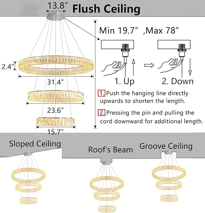 HAIXIANG Modern Glam Chandelier Crystal LED Remote Rings Chandelier Adjustable