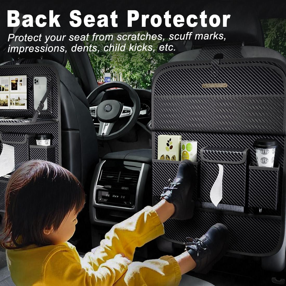 XDV Car Seat Organizers,Multi-functional Back Seat Protectors, Storage Pouches, and Tray Holders (for Cars, Kids, Seat Back and Rear Seats) (Carbon Fiber, 2 Pcs)