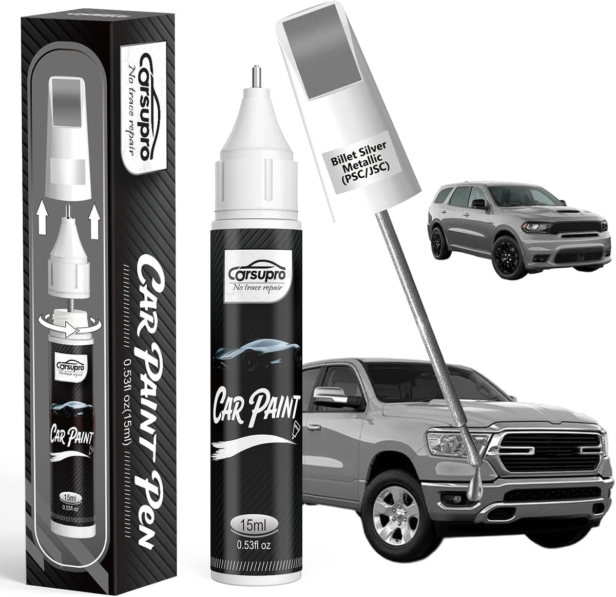 Billet Silver Metallic(PSC/JSC) for Ram Touch Up Paint Pen, 2 in 1 Car Scratch Remover with Pen Tip and Brush, Precise Color Match for Car Paint Scratch Repair, Quickly and Easily Fix Chips and Nicks