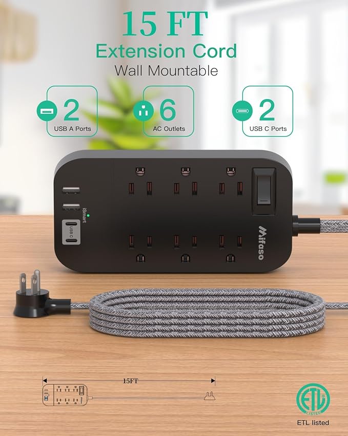 Extension Cord 15 FT, Flat Plug Power Strip, Long Extension Cord with Multiple Outlets with 6 Outlets 4 USB Ports(2 USB C), USB Power Strip for Home, Office, Dorm Room Essentials, College, Black