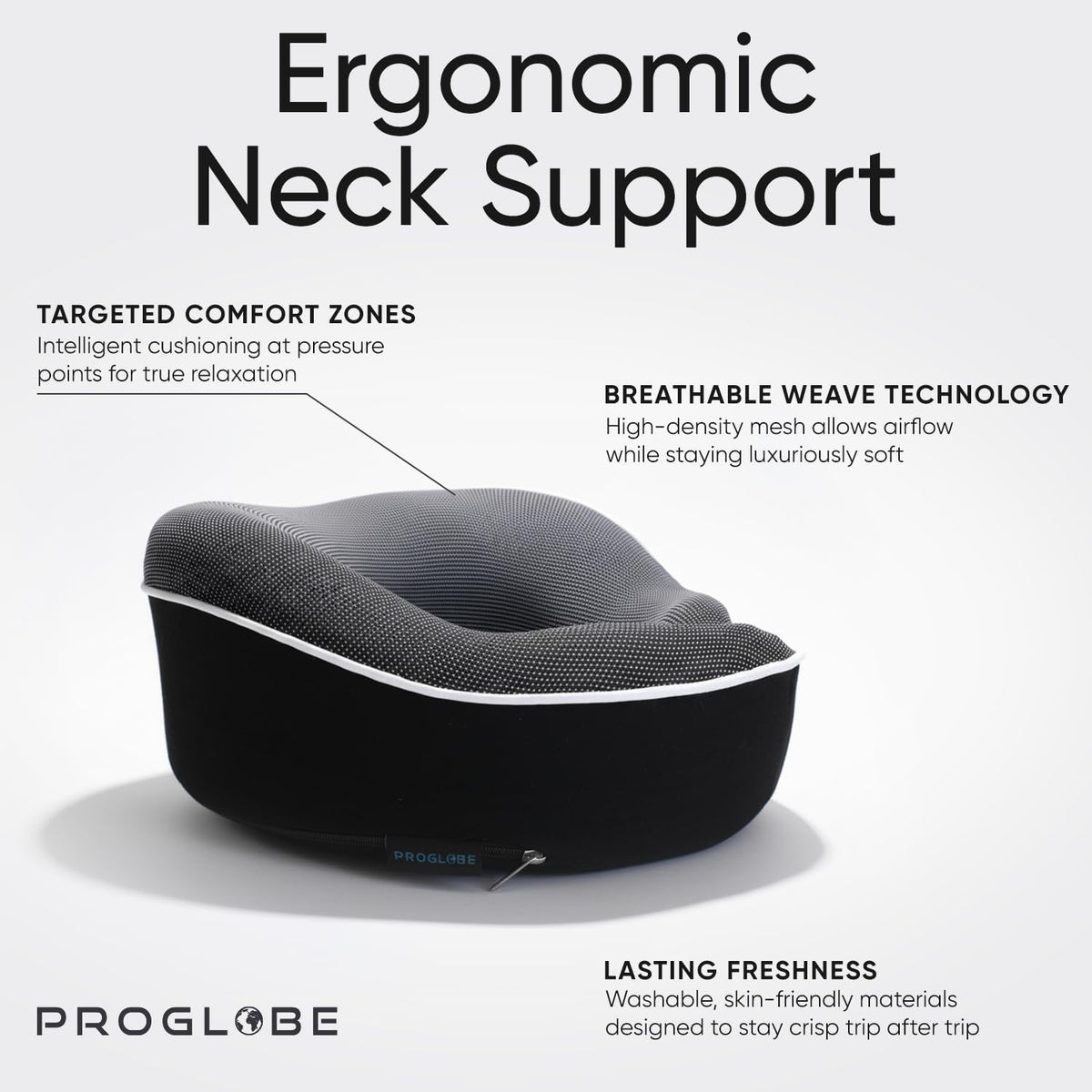 Proglobe Orthopedic Neck Pillow, Travel Neck Pillows for Airplanes, Memory Foam Kit, 360° Head Support, Airplane Pillow Set with 3D Contoured Eye Masks, Earplugs, and Luxury Mesh Bag (Black)