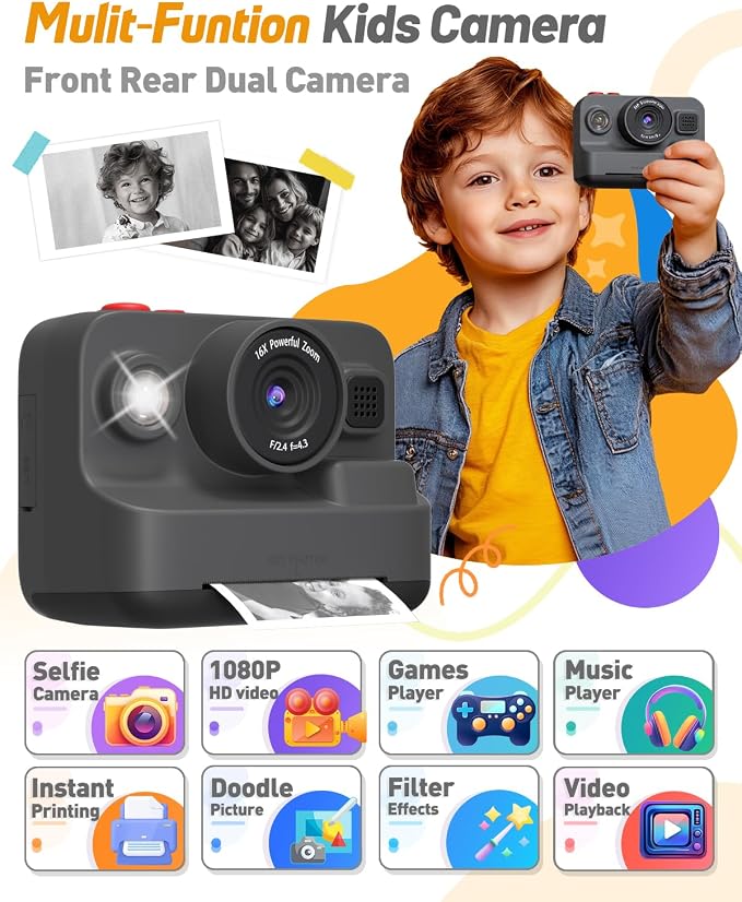 Yehtta Kids Camera Instant Print, Dual-Lens Front Rear Selfie Camera
