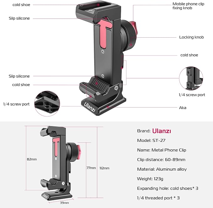 Metal Phone Tripod Mount 3 Cold Shoes & Arca Port, 360° Smartphone Tripod
