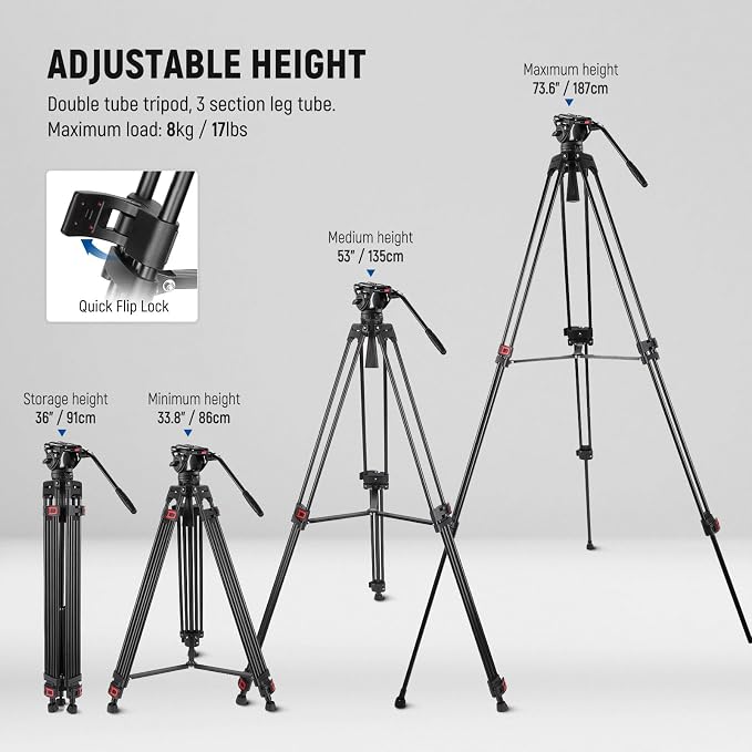 NEEWER 74" Video Tripod with Fluid Head & Damping Control, Aluminum Heavy Duty
