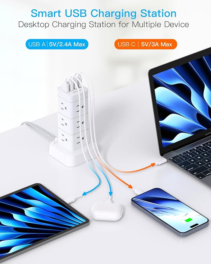 Surge Protector Power Strip Tower, 12 Outlets 4 USB (2 USB C) Desktop Charging Station for Multiple Devices, 6Ft Flat Plug Extension Cord with Multiple Outlets, Home Office College Dorm Essentials