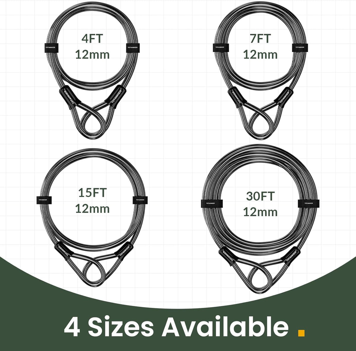 Titanker Bike Lock Cable - Heavy Duty 12mm Thick Steel Security Cable | Vinyl Coated, 4ft to 30ft Options