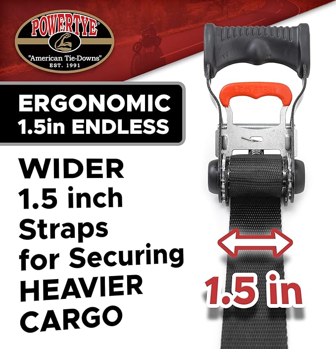 PowerTye Mfg Endless Ratchets - 1.5 inch x 7 Foot Ergonomic (no Hooks) - 800 lb. Working Load Limit - Black 2-Pack