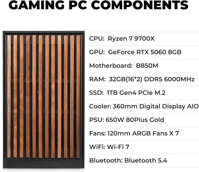 KOTIN Prebuilt Gaming PC, Ryzen 7 9700X, 32GB DDR5, RTX 5060 8GB, 1TB SSD | 360mm Liquid Cooled Gaming Desktop, 11.3in Smart Display, 650W 80+ Gold PSU, WiFi 7, Assembled in USA, Windows 11 ARGB Tower