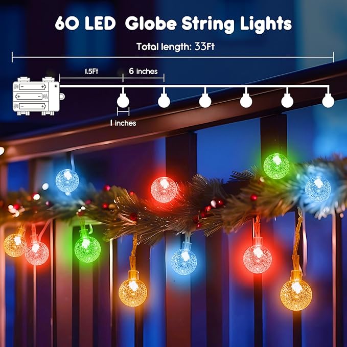 Minetom Crystal Globe String Lights Battery Operated - 33 ft 60 LED Globe Fairy Lights with Remote and 8 Modes, Waterproof for Bedroom Tent Loft Camping Porch Patio Party Wedding Decor, Multicolor
