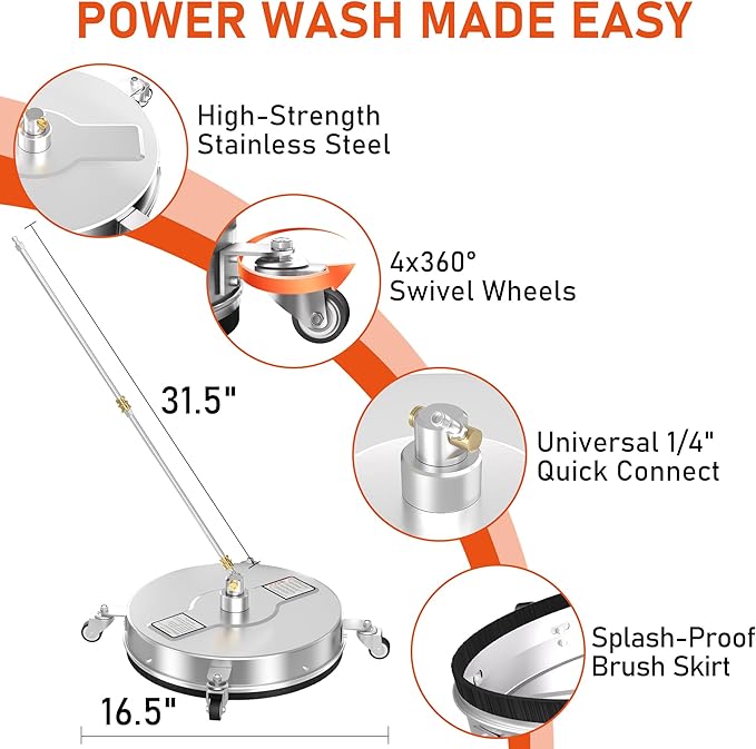 16.5" Pressure Washer Surface Cleaner with 4 Wheels, 4000 PSI Max Stainless Steel Surface Cleaner for Pressure Washer, 2 Extension Wands, 1/4" Quick Plug, for Concrete, Patio, Sidewalk, Deck