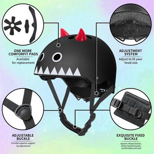 Nattork Kid's Bicycle Helmet for Girls or Boys Adjustable Size Muti-Sports Helmet for Skateboard Roller Skates with Cute Style for Children Black
