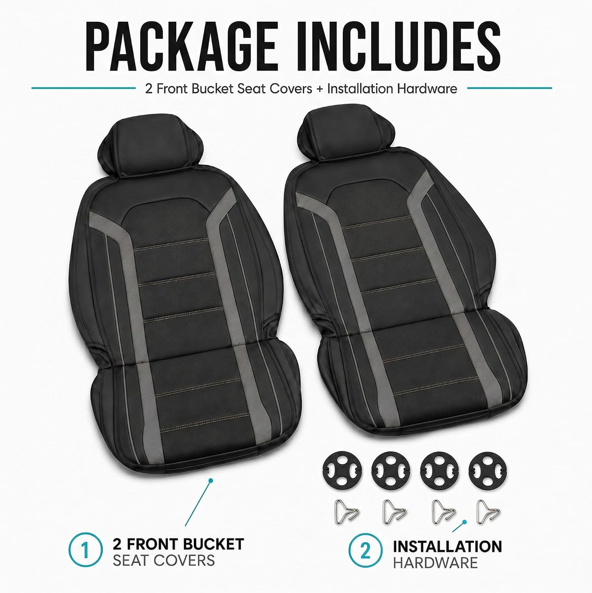 FH Group Front Set Faux Leather Car Seat Covers Cushions for Low Back Seat, Universal Fit, Airbag Compatible Seat Cover for SUV, Sedan Gray/Black