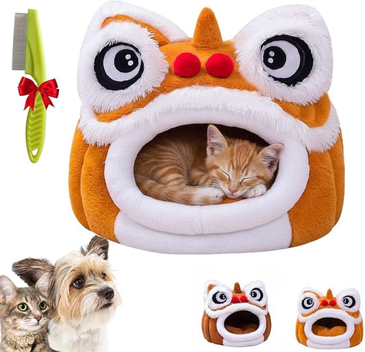Cute Lion Head Pet Beds for Cats, Chinese Lion Dance Lion Cats Bed, Soft Cozy Plush Cat House & Dog Cave with Cushion for Small Medium Cats Dogs (Brown,L)