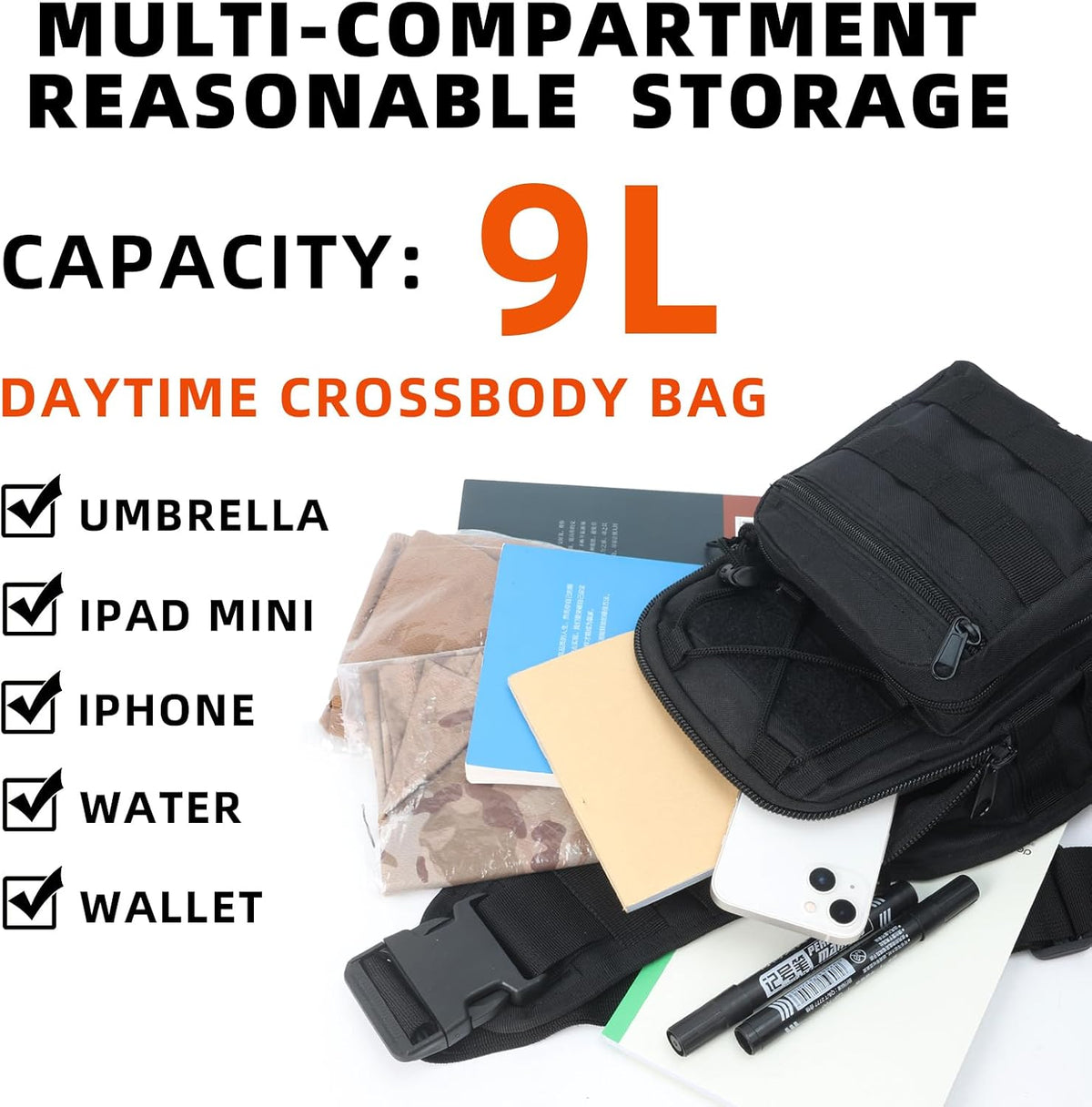 J.SH Tactical Sling Bag, Military MOLLE System Crossbody Bag, Waterproof Durable High-Density Nylon Material, 4-in-1 Carry Design, for Hiking, Cycling, Travel, Commuting, Outdoor and EDC - Black