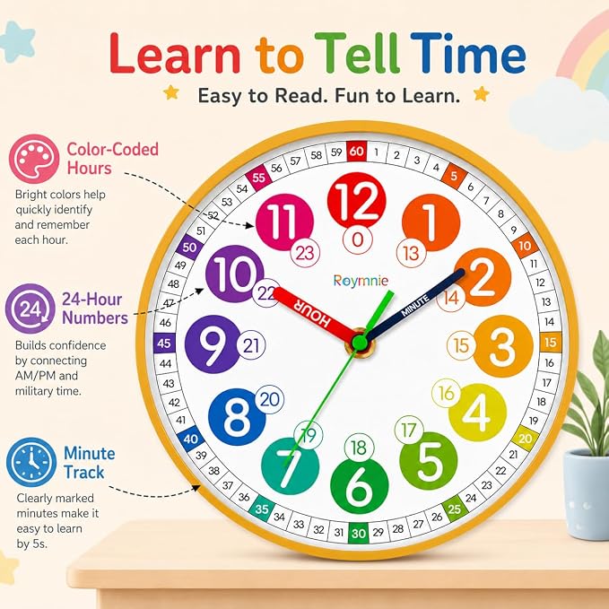 Roymnie Wall Clock for Kids Battery Operated Silent Non Ticking Analog Clock