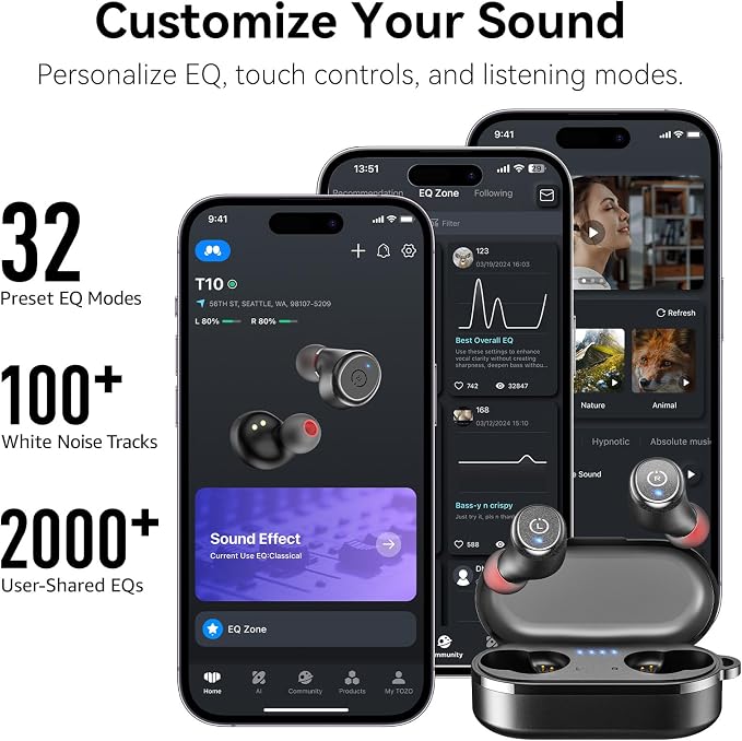 TOZO T10 Wireless Earbuds Powerful Bass Stereo Wireless Charging, APP, IPX8 | Waterproof, 55H Playtime, Ergonomic Design In Ear buds, App Customize EQ, Bluetooth 5.3 Headphones for Work, Travel, Black