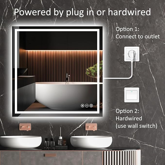 LED Bathroom Mirror 36x36 Inch Anti-Fog Bathroom Mirror with Lights, Wall Mounted Lighted Vanity Mirrors, Dimmable, Backlit + Front Lit, Smart Bathroom Vanity Mirror with 3 Colors Temperature