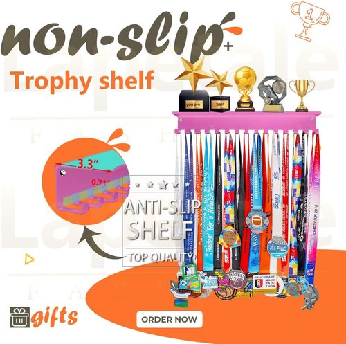 Non-Slip Trophy Shelf by [Brand Name] - Medal Display Rack with 16-Inch Length for Gymnastics, Race, Soccer, Swim