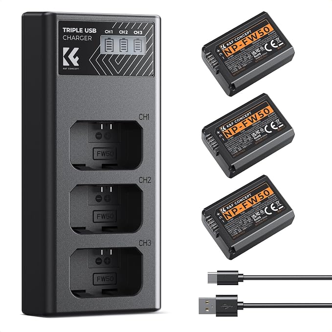 K&F CONCEPT 3-Pack NP-FW50 Battery and Upgraded 3-Slot ZV-E10 Battery Charger