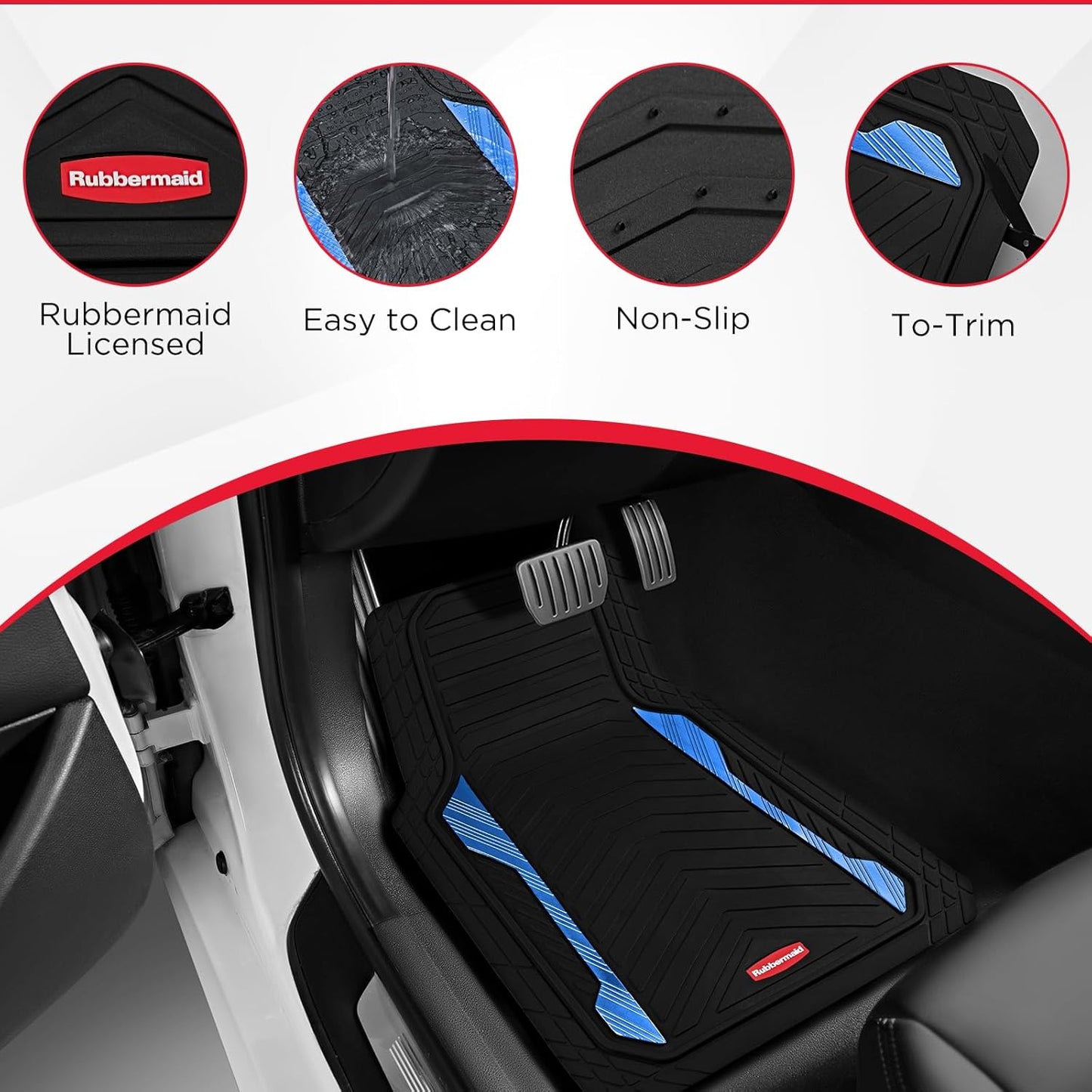 Rubbermaid Car Floor Mat, Heavy Duty All-Weather Car Mats Full Set with Dual-Tone Blue Aluminum Inserts – Universal Fit, Anti-Slip Backing, Trim-to-Fit for Most SUV, Sedan, Van