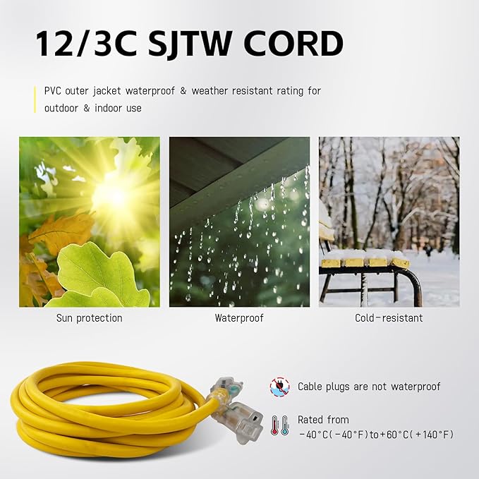 EP 12 Ft Lighted Extension Cord - 12/3 SJTW Heavy Duty Yellow Extension Cable with 3 Prong Grounded Plug - Power Cord for Lawn, Garden, Appliances
