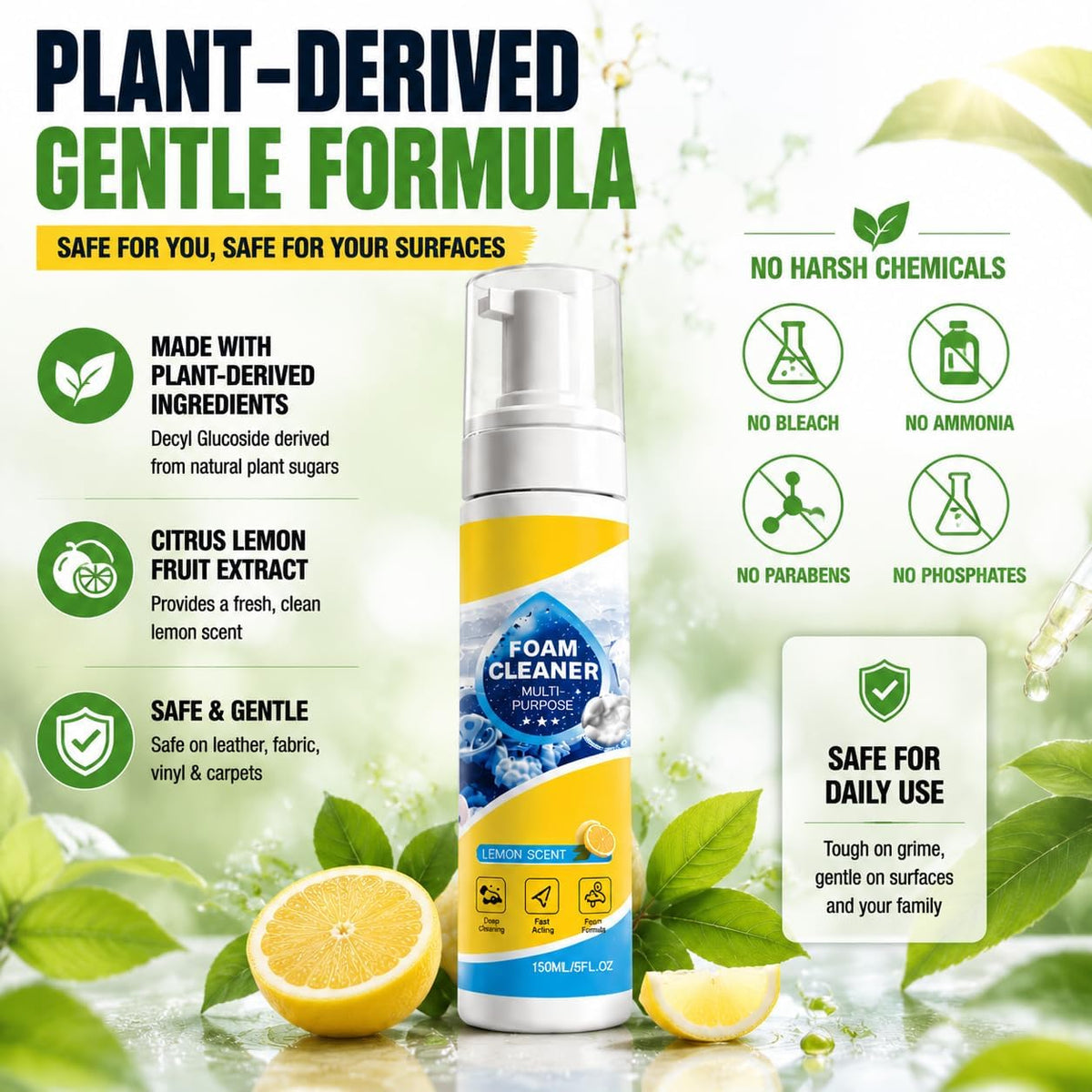 Multi-Purpose Foam Cleaner for Car Interior and Upholstery, 150ml | Leather & Fabric Seat & Dashboard Cleaner, Vinyl & Surface Foam Spray. Deep Cleaning Kit with Plant-Derived Formula