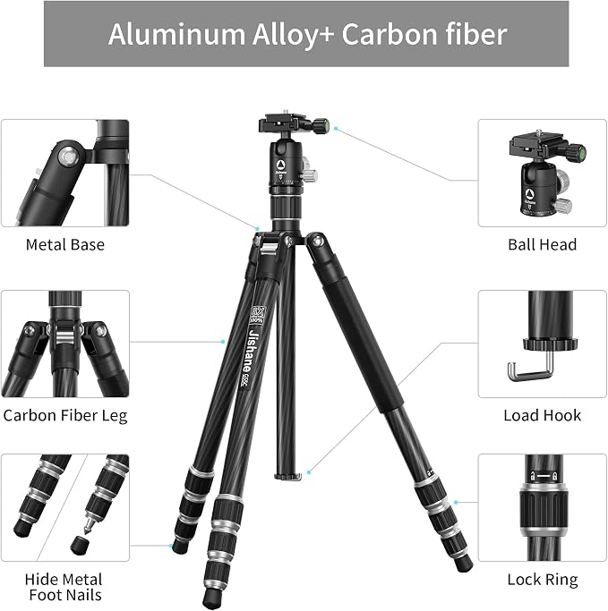 Carbon Fiber Camera Tripod, 1/4" Arca QR Plate, Compact Lightweight Travel