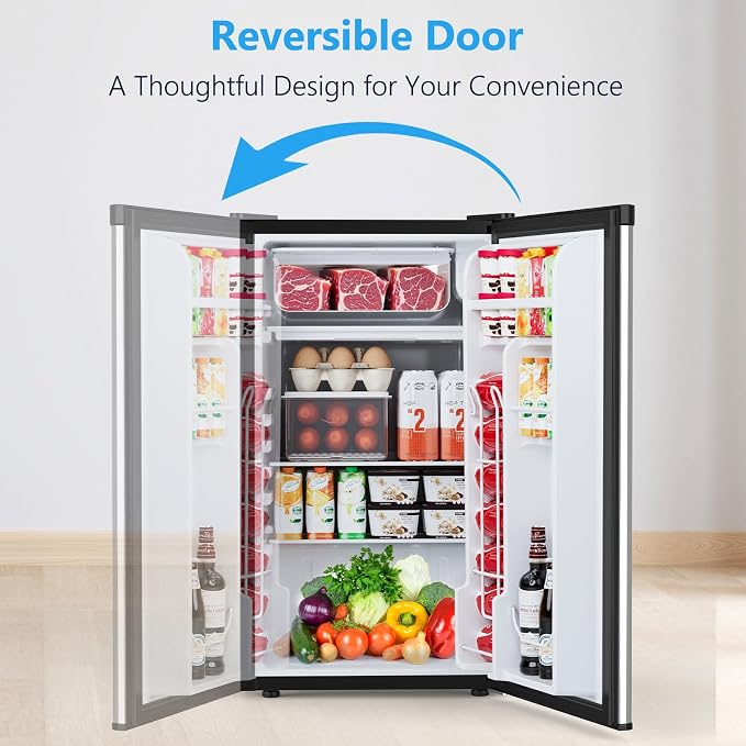 COWSAR 3.2 Cu.Ft Mini Fridge with Freezer for Bedroom Dorm, Silver | Single Reversible Door, 7 Temperature Settings, Energy Saving, 2 Removable Glass Shelves, Small Refrigerator for Apartment