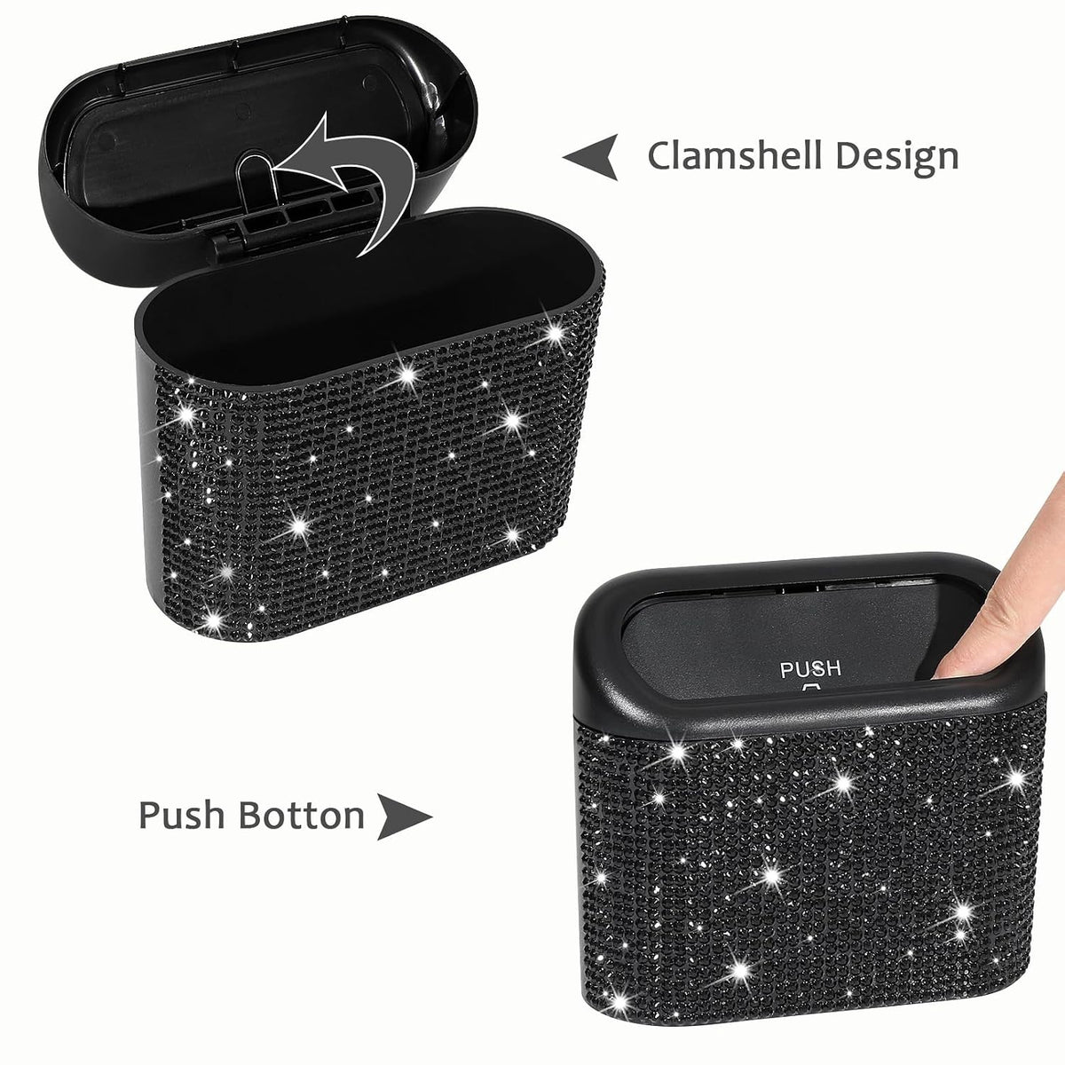 Accmor Bling Car Trash Can with Lid, Mini Auto Garbage Storage Bin with 60pcs Garbage Bags, Sparkling Crystal Trash Bags Holder Dustbin Vehicle Accessories Container Organizer (Black Rhinestone)
