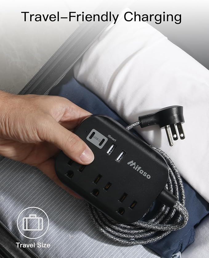 10FT Power Strip with USB Ports - Extension Cord with 3 Outlets and 3 USB Charging Ports, Flat Plug, Wall Mount, No Surge Protection for Cruise Ship Travel, Desk Accessories for Dorm Room Essentials