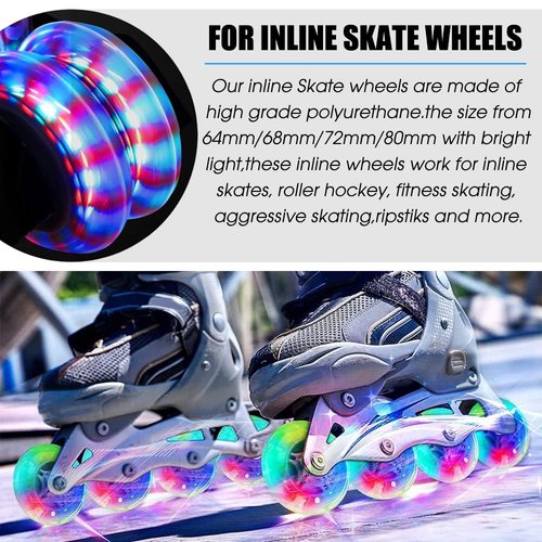 8 Pack Light Up Inline Skate Wheels 64mm 72mm 76mm 80mm Inline Wheels with ABEC-9 Bearing for inline Skate Wheels - 85A Inline Wheels for Indoor & Outdoor