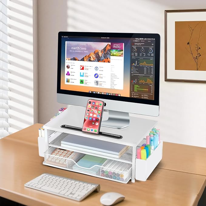 AUPSEN White Monitor Stand Riser, 2-Tier Wood Computer Desk Organizer