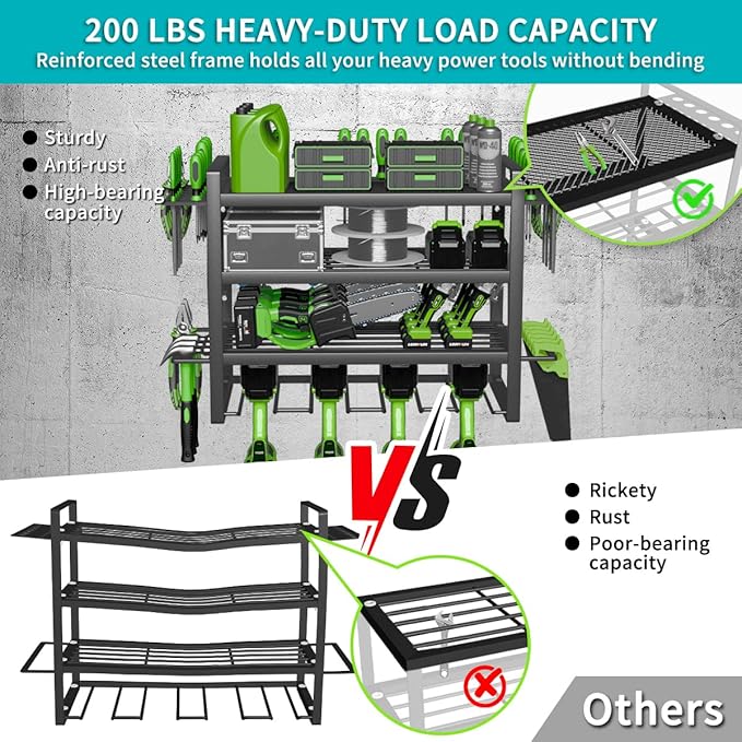 Power Tool Organizer Wall Mount Loads 200lbs, 4 Layers Heavy Duty Tool Organizers and Storage, Cordless Tool Rack with 4 Drills Holder, for Garage Workshop Shed Tool Room Garden