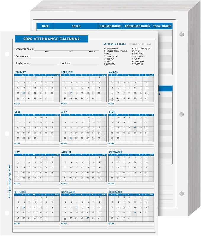 2025 Attendance Calendar Card Stock Paper – Great Employee Work Tracker |
