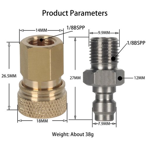 HMKUGO 1/8 BSPP Female Connector and 8mm Male Plug Fill Nipple Quick-Disconnect Set, Copper - Stainless Steel - Remote Line Male & Female Set for PCP Foster Paintball Airsoft Air Gun Tool
