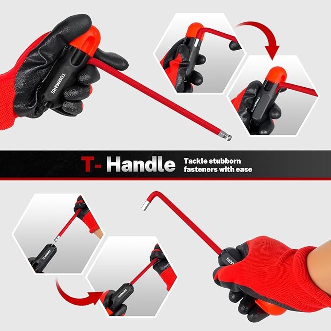 TOMMARS Hex Key Set Magnetic Ball End S2 Steel With T-Handle Hex Key Allen Wrench Set SAE(1/16"-3/8") Metric(1.5mm-10mm) TORX(T10-T50)