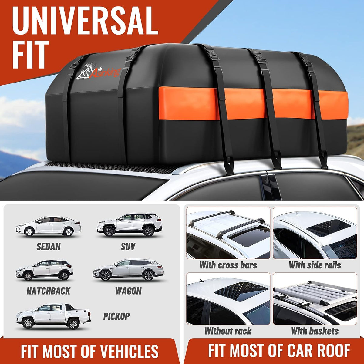 Car Rooftop Cargo Carrier Bag, 15 Cubic Feet Waterproof Heavy Duty 840D Car Roof Bag for All Vehicle with/Without Racks - Anti-Slip Mat, 6 Door Hooks, Storage Bag, 2 Extra Straps, Luggage Lock
