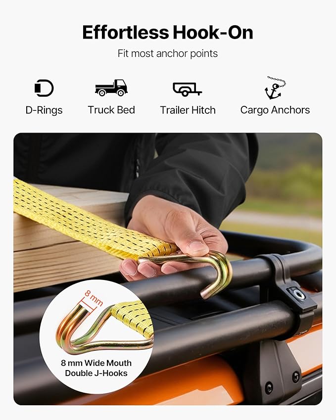 VEVOR 6 Pack 2’’ x 15’ Ratchet Straps Heavy Duty Tie Down with Double J Hook, 5000 lbs Break Strength, Carry Bag, Tie Down Ratcheting for Moving, Trailers, Motorcycles, Kayaks, Car Roof