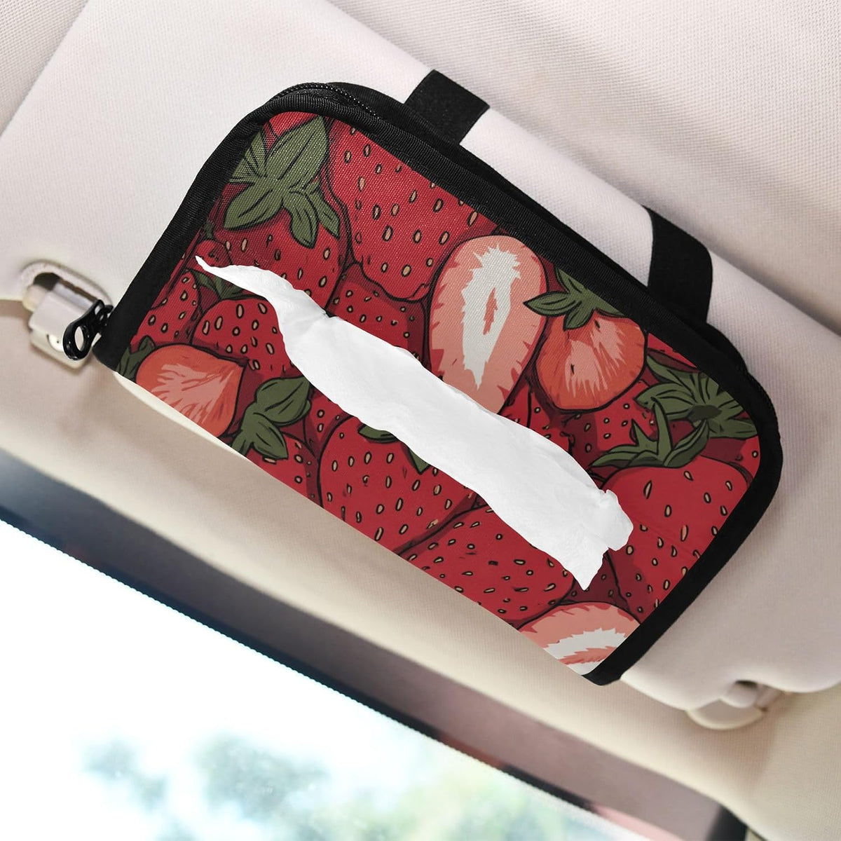 Car Tissue Holder Car Napkin Holder Car Tissue Box Dispenser Storage Case Sun Visor Mask Holder with Adjustable Straps Reusable Refillable Cartoon Red Strawberry