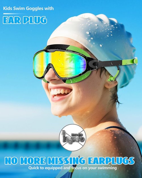 Aegend Kids Swim Goggles - Wide View, Anti-Fog & UV Protection | No Leak Design with Ear Plugs (Ages 3-14)